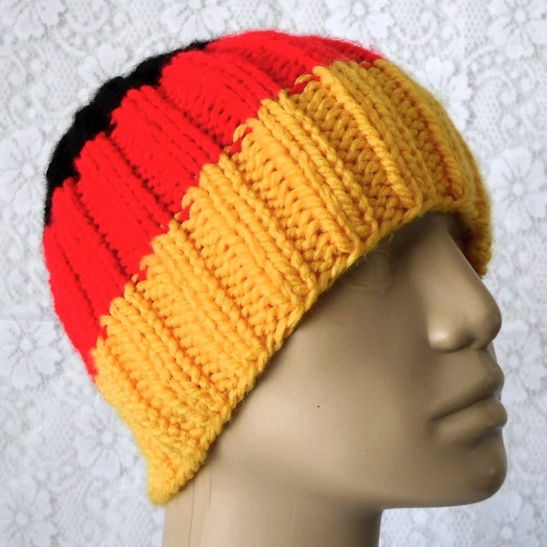 Unisex gold red black striped beanie hat mens womens ribbed beanie hat German flag hat chunky knit winter hat Canada ski hiking toboggan image 4