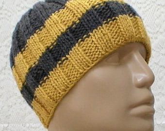 Charcoal gray mustard striped beanie hat gray yellow striped skully unisex gray mustard knit hat medium weight knit hat hiking skateboard