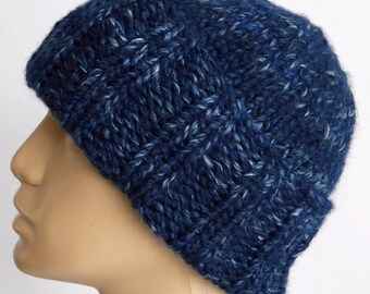 Blue tweed watch cap, Unisex blue brimmed beanie, Wool blend winter hat