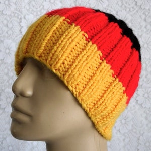 Unisex gold red black striped beanie hat mens womens ribbed beanie hat German flag hat chunky knit winter hat Canada ski hiking toboggan image 6