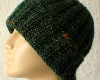 Green tweed watch cap, forest chunky knit ribbed beanie, unisex mariner's cap