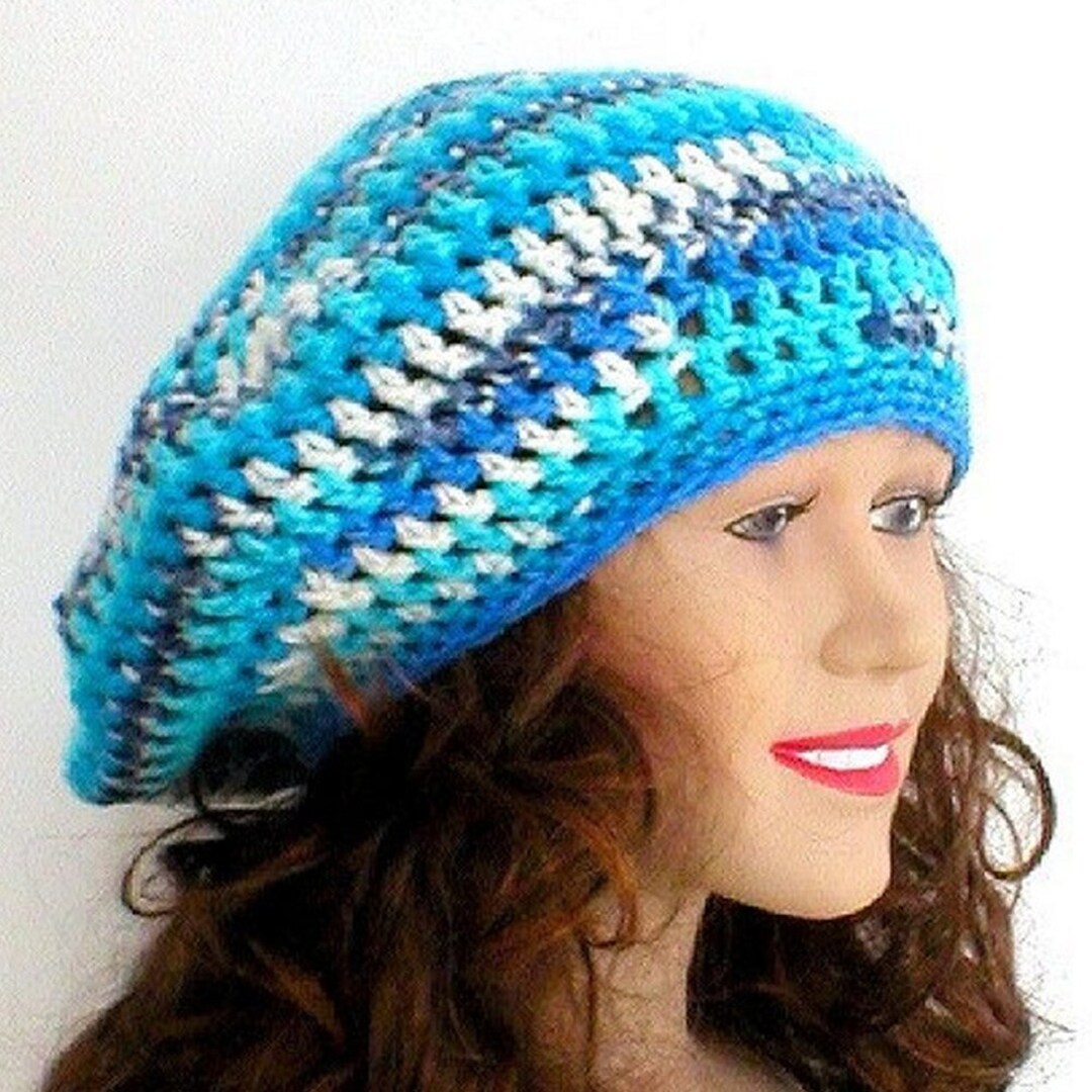 Slouchy Crochet Beret Hat Aqua Teal Blue White Striped Unisex Etsy