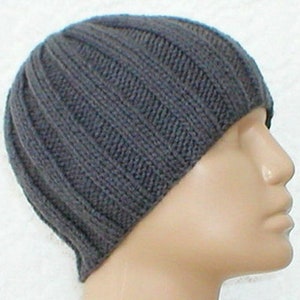 May include: A dark grey knitted beanie with a ribbed texture.
