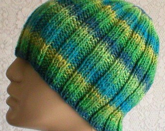 Blue green yellow striped beanie mens womens knit hat unisex blue green yellow hat striped chemo cap hiking vegan hat striped skull cap