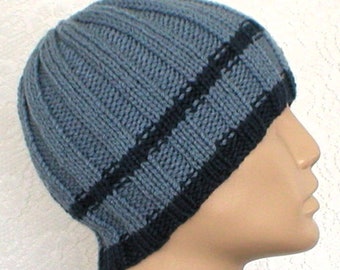 Steel marine blue striped beanie hat mens womens blue beanie hat Canada blue skull cap striped blue hat blue chemo cap blue ribbed vegan hat