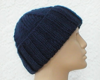 Navy brimmed beanie, dark blue watch cap, vegan chunky winter knit hat