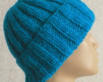 Aqua blue watch cap blue brimmed beanie hat unisex blue chunky knit hat mens womens aqua blue wool blend winter hat blue chemo cap toboggan