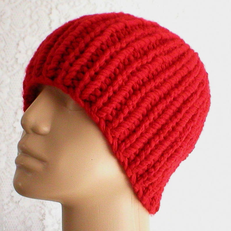 Unisex Red Ribbed Beanie Hat Mens Womens Red Bulky Knit Hat Etsy UK