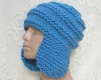 Blue ear flap hat trapper cap unisex blue winter hat sky blue beanie hat medium blue bulky knit hat chemo cap wool blend hat hiker toboggan