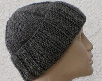Charcoal chunky knit beanie, gray vegan brimmed hat