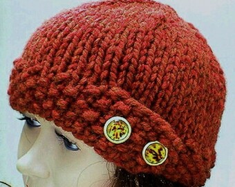 Womens rust copper beanie hat tortoise shell button beanie womens winter hat womens rust brown bulky knit hat Canada rust brown chemo cap