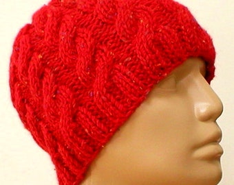 Red cable knit beanie hat unisex winter beanie hat red tweed hat mens womens red chunky knit hat Canada red chemo cap red cable hat toboggan