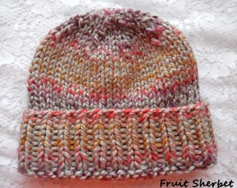 Fruit sherbet tweed brimmed beanie, Wool blend striped bulky knit winter hat