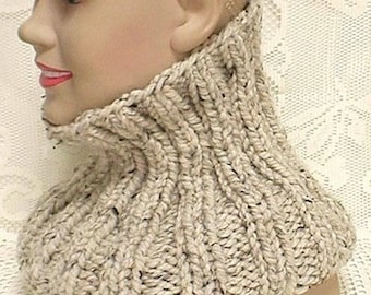 Oatmeal tweed rib knit cowl, Unisex wool blend neck warmer