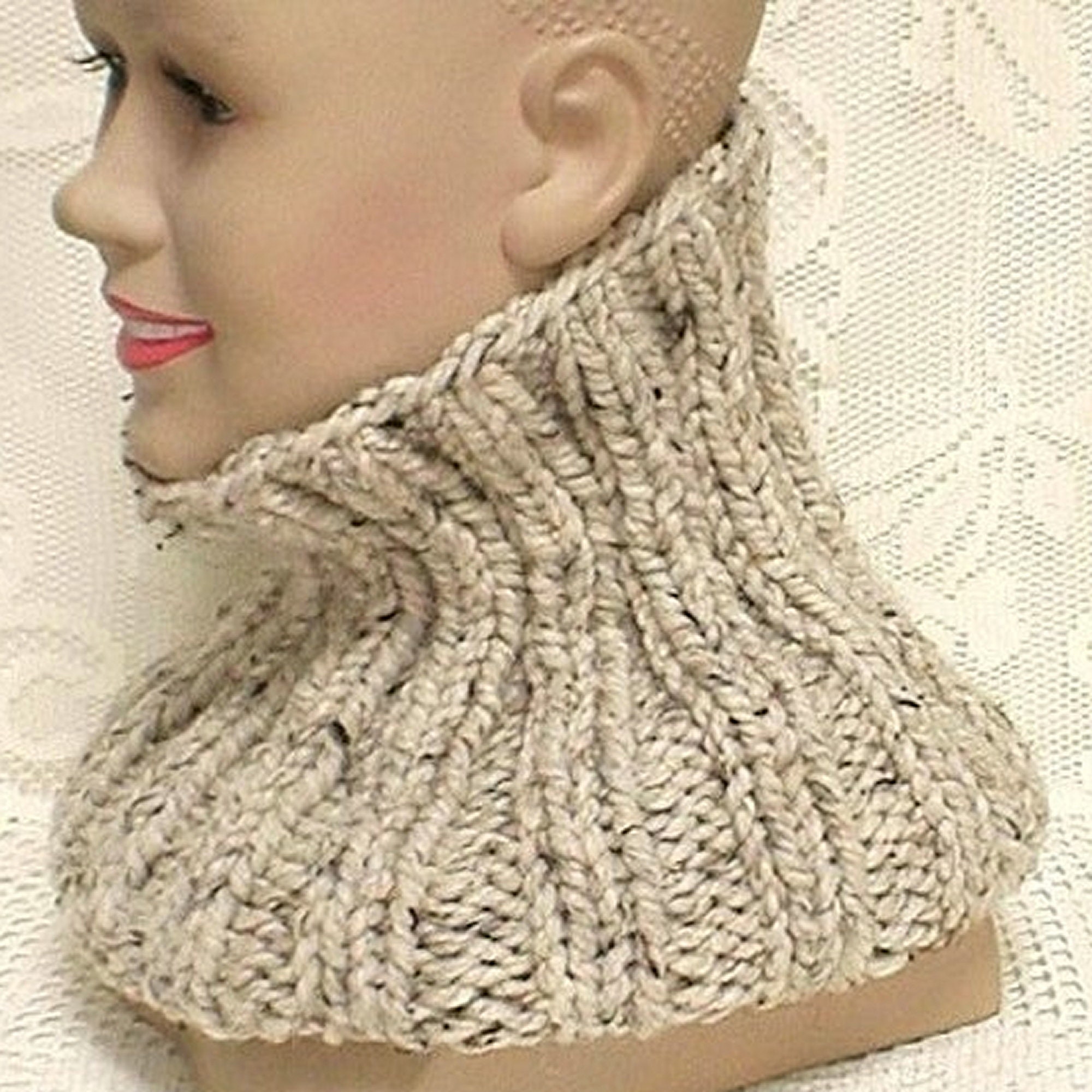 Oatmeal Tweed Ribbed Knit Cowl Unisex Beige Winter Cowl Beige Bulky