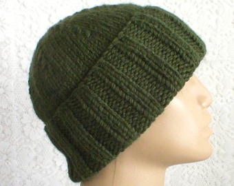 Olive brimmed beanie, green watch cap, khaki chunky knit winter hat