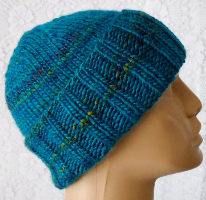 Blue tweed watch cap sea blue brimmed beanie hat mariners cap unisex blue chunky knit hat Canada blue winter hat blue chemo cap toboggan hat image 1