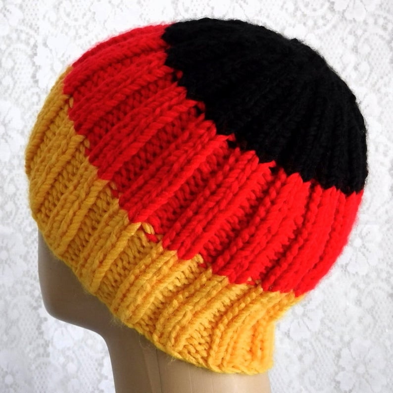 Unisex gold red black striped beanie hat mens womens ribbed beanie hat German flag hat chunky knit winter hat Canada ski hiking toboggan image 7