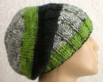 Green black white gray striped watch cap slouchy hat brimmed beanie hat mens womens winter hat unisex chunky knit beanie Canada chemo cap