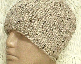 Oatmeal tweed beanie hat, Unisex beige bulky knit skull cap