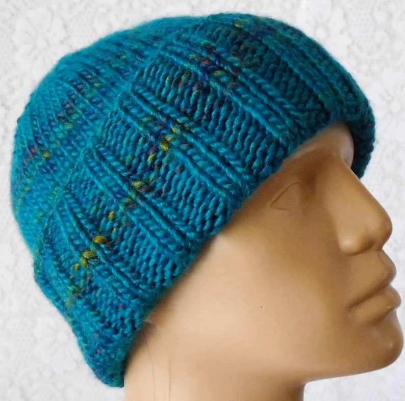 Blue tweed watch cap sea blue brimmed beanie hat mariners cap unisex blue chunky knit hat Canada blue winter hat blue chemo cap toboggan hat image 5