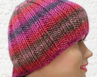 Pink Purple Striped Wool Soy Blend Beanie: Hand Knit Wool Skullcap
