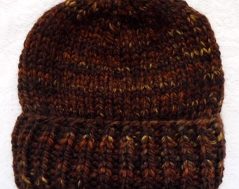 Brown rust camel tweed watch cap, Unisex brown wool blend knit brimmed beanie