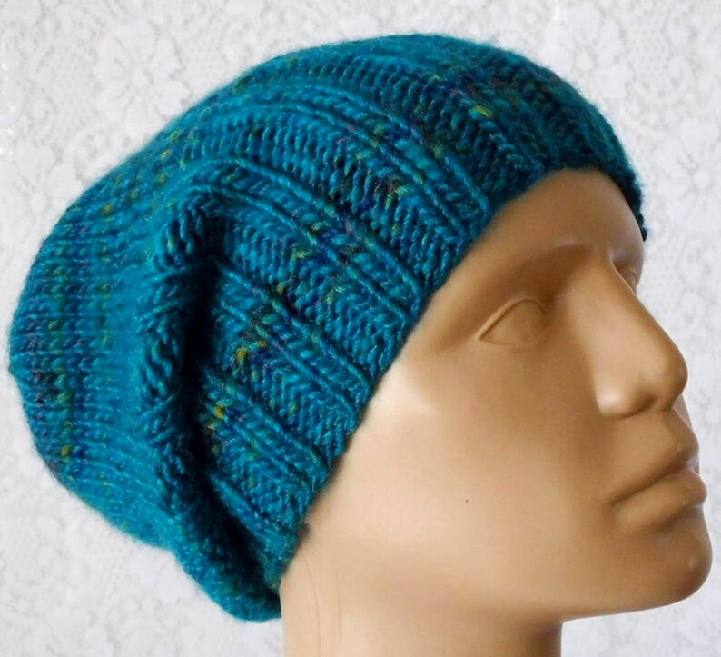 Blue tweed watch cap sea blue brimmed beanie hat mariners cap unisex blue chunky knit hat Canada blue winter hat blue chemo cap toboggan hat image 10