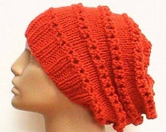 Pumpkin orange lacy slouchy knit hat orange chunky knit hat womens orange winter hat Canada lacy knit hat chemo cap ski hiking toboggan hat