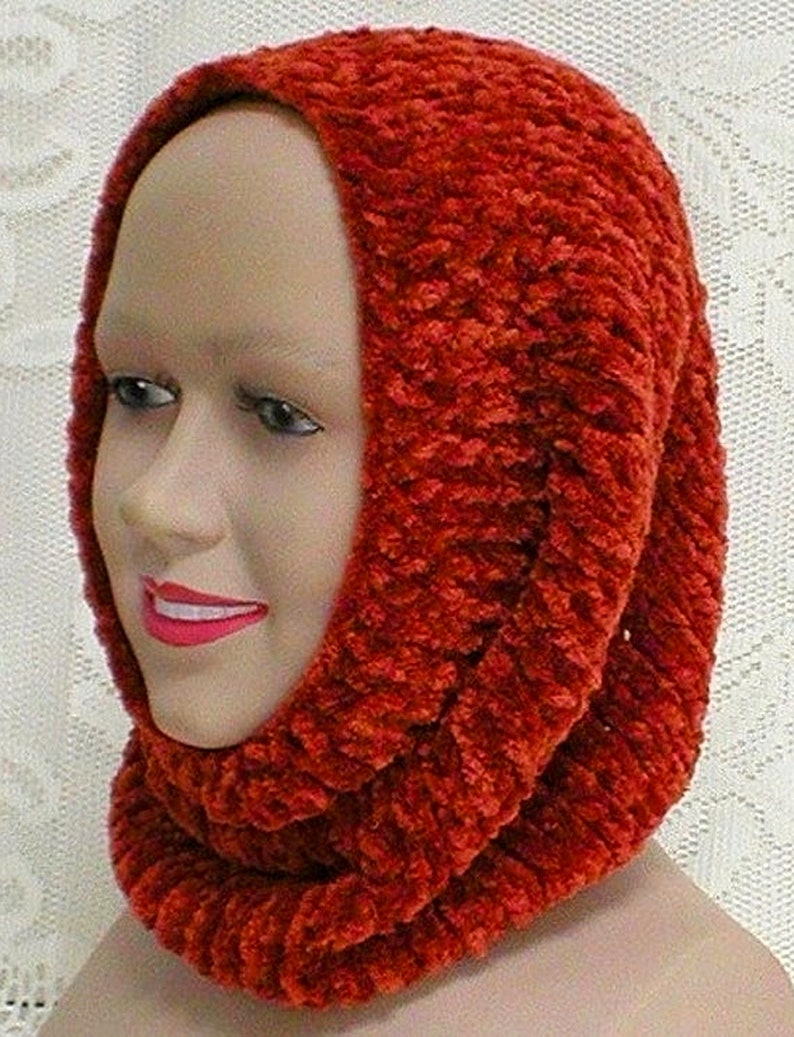 Rust copper cowl rust chenille cowl bulky knit spice cowl winter cowl rust hood scarf snood womens mens rust knit cowl Canada hiker toboggan image 4