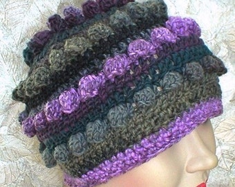 Womens crochet bobble cloche beanie hat charcoal gray violet purple green striped hat crochet chemo cap winter hat gray purple beanie hat