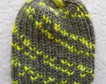 Gray neon yellow ribbed beanie hat unisex gray winter hat gray neon yellow beanie gray bulky knit wool blend hat gray chemo cap hiking hat