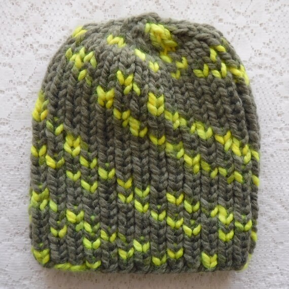 Gray Neon Yellow Ribbed Beanie Hat 