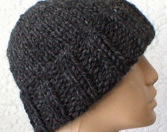 Charcoal brimmed beanie, Unisex gray bulky knit winter hat