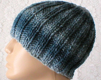 Denim blue striped beanie hat unisex blue wool knit hat blue striped ribbed hat blue chunky knit hat blue wool chemo cap denim blue beanie