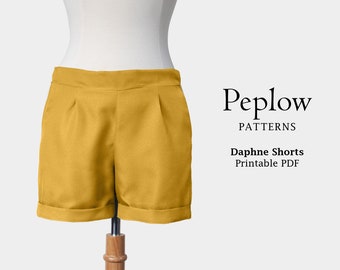 Patron de couture imprimable de short pour femme, short plissé, patron de short à revers, taille élastique au dos, avec poches, PDF Peplow Patterns