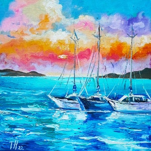 Sailing at Sunset Original Oil Artwork Seascape Painting Nautical Wall Art  Impasto 12 "by 12" by TanyaHubo