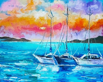 Navegando al atardecer Obra de arte al óleo original Pintura de paisaje marino Arte de pared náutica Impasto 12 "por 12" por TanyaHubo