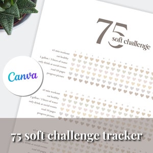 May include: A printable 75 soft challenge tracker with a grid of hearts in different shades of brown. The tracker includes a list of daily tasks, such as 45 minutes of exercise, eating healthy, drinking 1 gallon of water, reading 10 pages, and taking a progress picture.