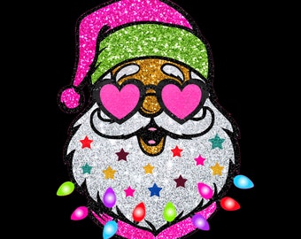 Kerstman met zonnebril PNG Kerst PNG Leuk kerstshirt Digitaal ontwerp Vrolijke sprankelende glitter kerstverlichting Roze kerstman PNG