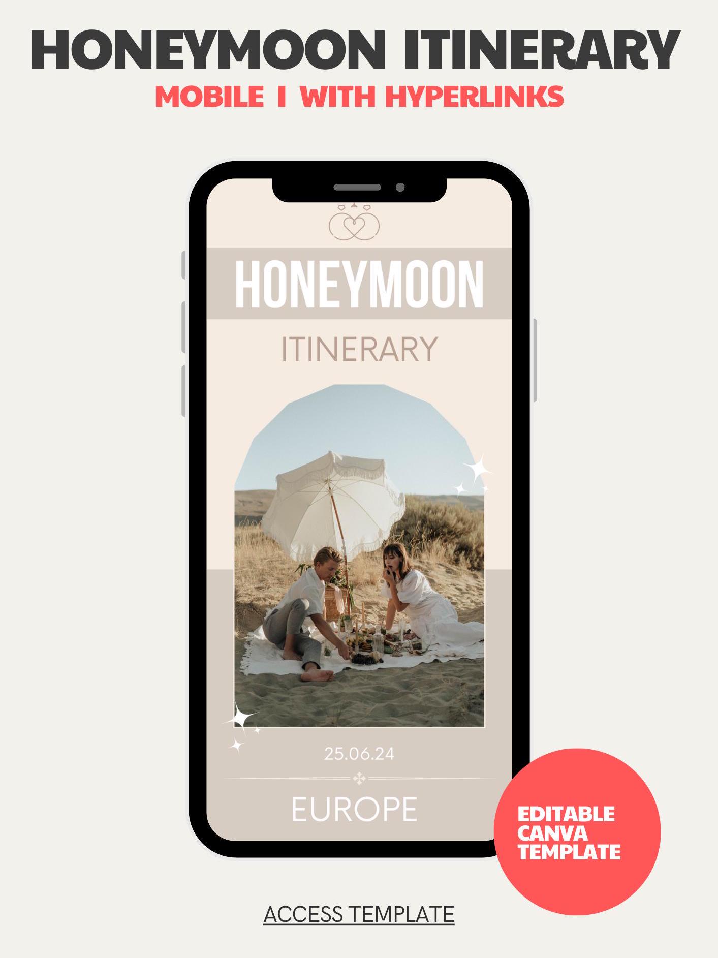 36 Pages Editable Canva Honeymoon planner, Honeymoon Itinerary Template for self- planning, Mobile Canva Template Honeymoon Itinerary
