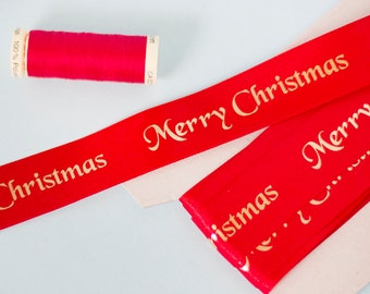 Merry Natale Oro Stampa Nastro 3m - 25mm di larghezza Rosso -Cream - Nastro satinato verde