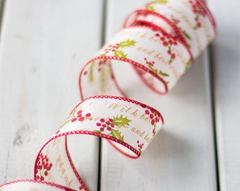 Cream Best Wishes Holly Christmas Wired Edge Ribbon