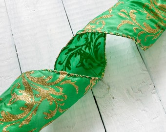 Verde Taffeta Oro Glitter Swirls Wired Edge Nastro 2m - 60mm di larghezza