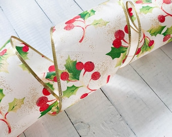 Cream Taffeta Gold Glitter Holly Wired Edge Ribbon 2m - 100mm wide