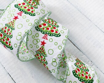 White Velvet Touch Cute Christmas Tree  Wired Edge Ribbon 2m - 62mm wide