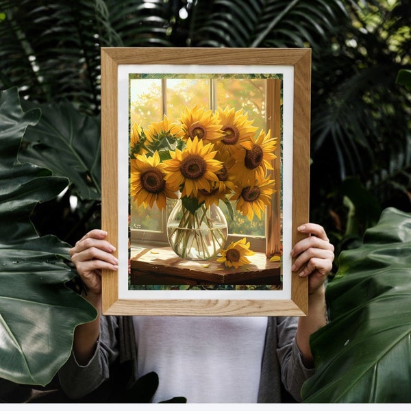 A Digital Print of a Clear Glass Vase of Sunflowers The Flowers are Fully Open You Can Print It On Paper Or Canvas They Brighten Up Any Room