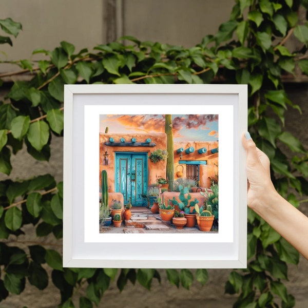 Digital SET OF 3 Prints of New Mexico Adobe Houses With Terracotta Pots Full of Cactus, Aloe, and Suculants, Very Colorful Southwest Artwork