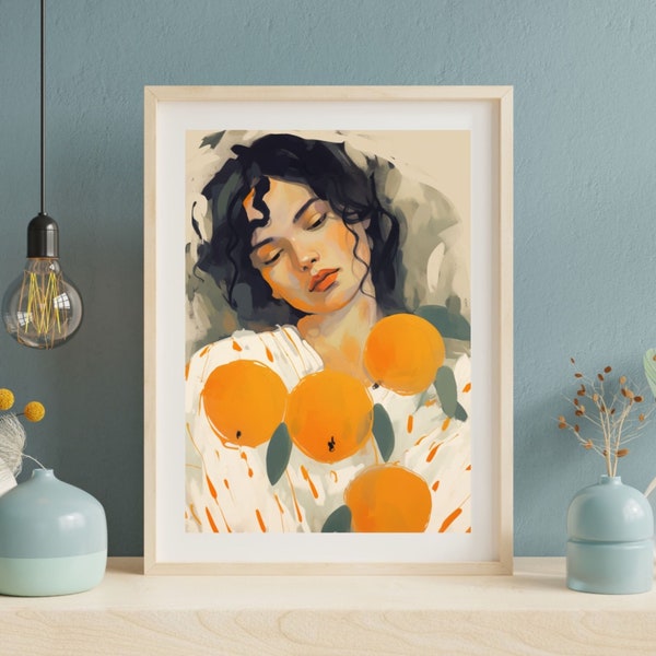 Digital Print Art Deco, Abstract Picture Of a Black Haired Girl With Oranges Very Colorful Acrylic Painting Style   Print On Paper or Canvas