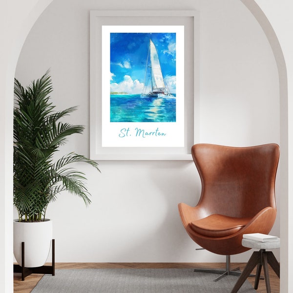 Digital Print of  Catamaran Sailing in The Caribbean, Gorgeous Turquois Water, SunShine, Blue Skies, Island Name on The Bottom, So Colorful